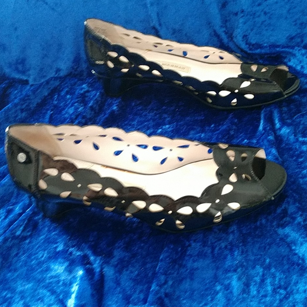 Dana Buchman Scalloped Black Patent Wedges with eyelet cut-out design